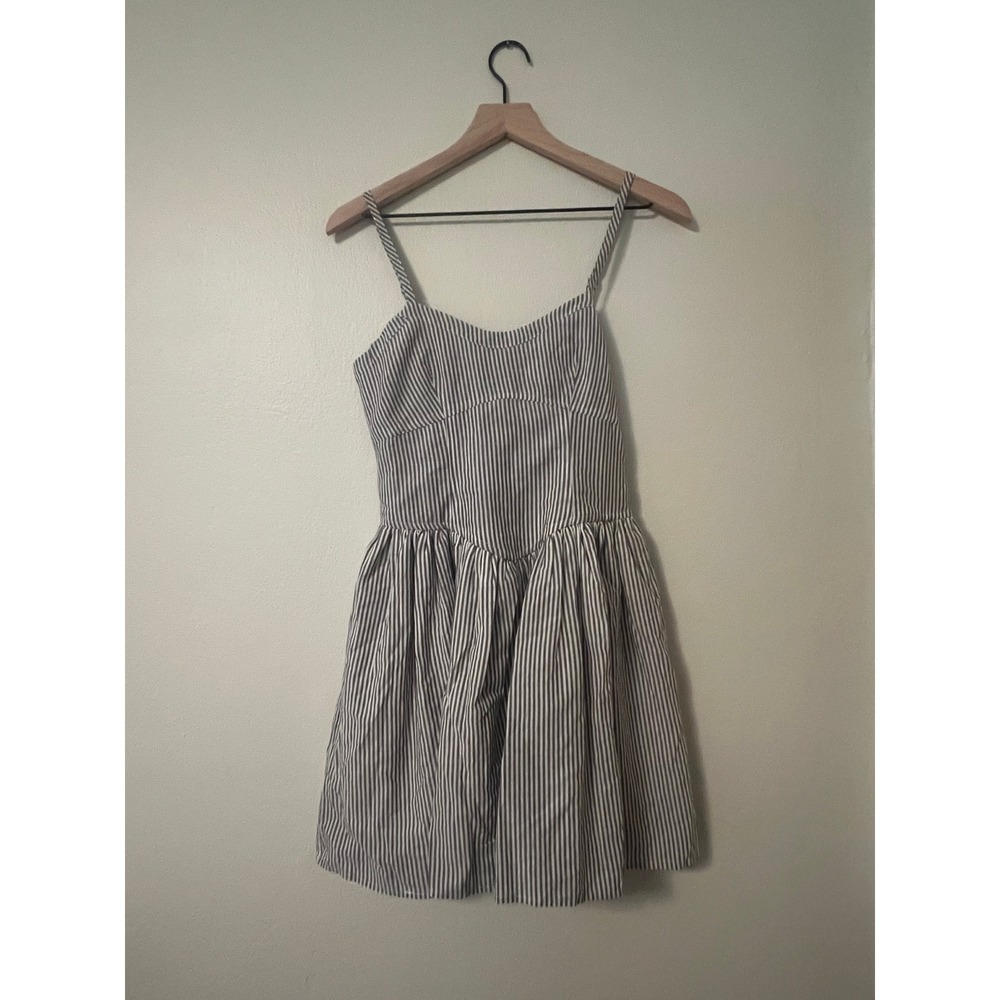 Sky to Moon Blue White Striped Mini Dress Small Smocked Back Fit Flare Summer